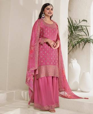 Designer Pink Chinon Stright Suit For Women 1