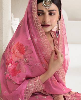 Designer Pink Chinon Stright Suit For Women 2