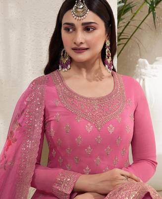 Designer Pink Chinon Stright Suit For Women 3