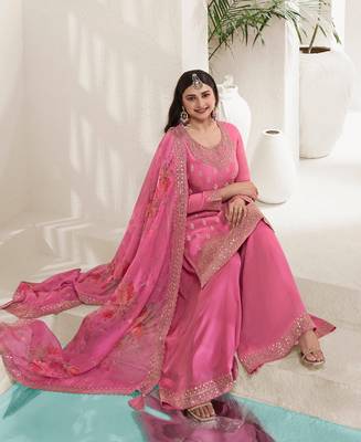 Designer Pink Chinon Stright Suit For Women 4