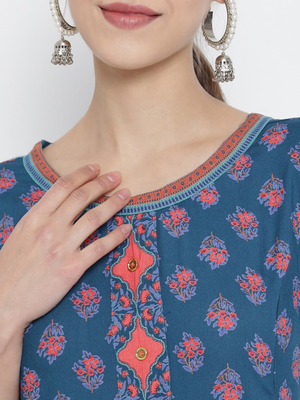 Women'S Floral Printed Anarkali Kurti (Blue) 2