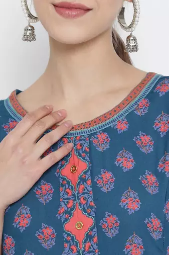 Women'S Floral Printed Anarkali Kurti (Blue)