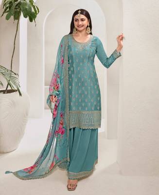 Designer Sky Blue Chinon Stright Suit For Women 1