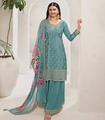 Designer Sky Blue Chinon Stright Suit For Women
