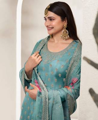 Designer Sky Blue Chinon Stright Suit For Women 2