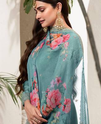 Designer Sky Blue Chinon Stright Suit For Women 3