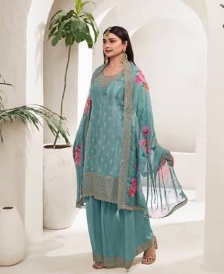 Designer Sky Blue Chinon Stright Suit For Women 4