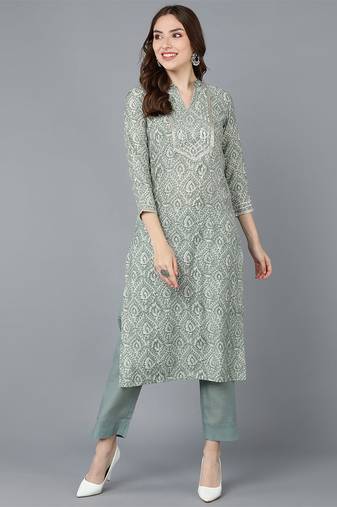 Women green printed cotton ethnic kurti