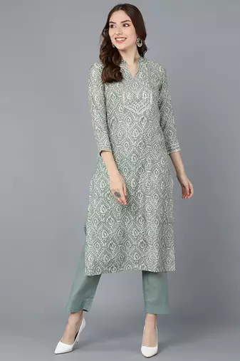 Women green printed cotton ethnic kurti