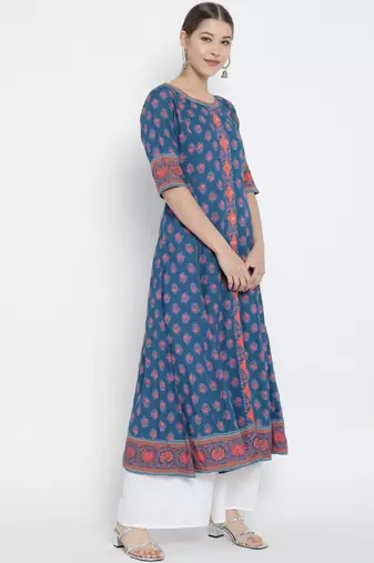 Women'S Floral Printed Anarkali Kurti (Blue)