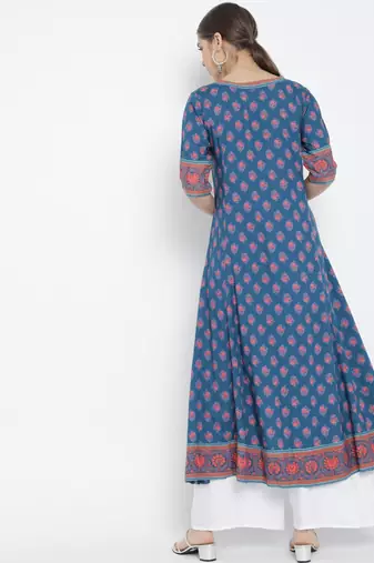 Women'S Floral Printed Anarkali Kurti (Blue)