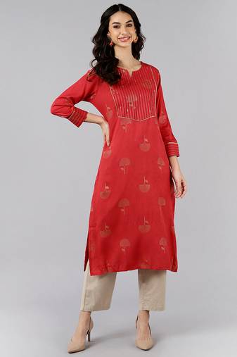 Women red embroidered cotton ethnic kurti