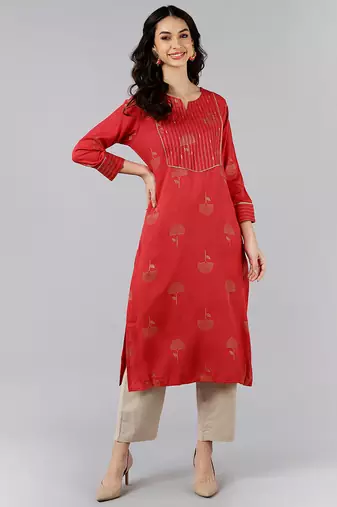 Women red embroidered cotton ethnic kurti
