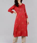 Women red embroidered cotton ethnic kurti