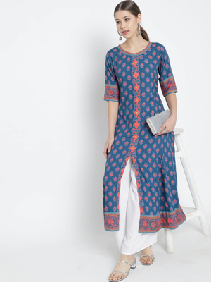 Women'S Floral Printed Anarkali Kurti (Blue) 5