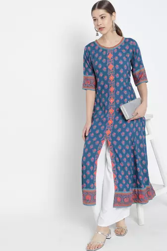 Women'S Floral Printed Anarkali Kurti (Blue)