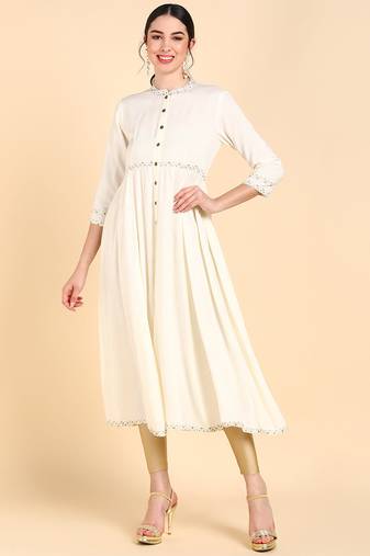 Women cream printed rayon ethnic kurti