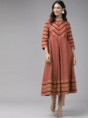 Women'S Cotton Anarkali Style Floral Printed Anarkali Kurta (Maroon) 1