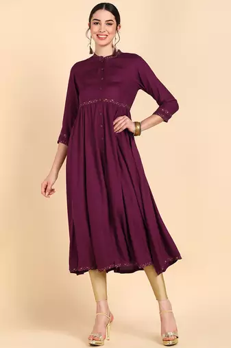 Women purple printed cotton ethnic kurti