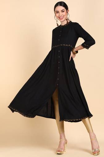Women black printed cotton ethnic kurti