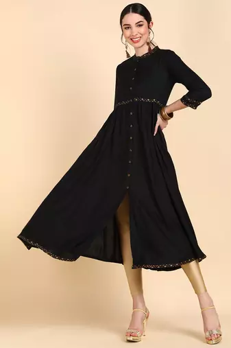 Women black printed cotton ethnic kurti