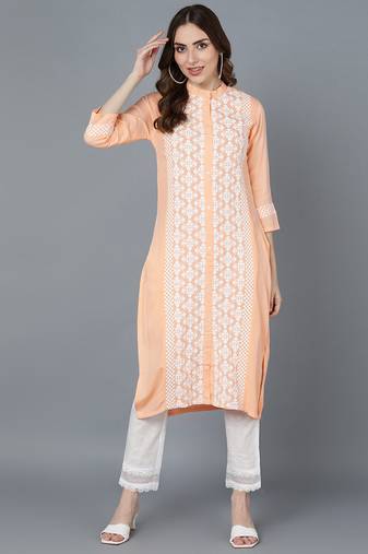 Women peach embroidered silk ethnic kurti