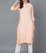 Women peach embroidered silk ethnic kurti