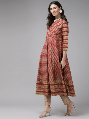 Women'S Cotton Anarkali Style Floral Printed Anarkali Kurta (Maroon) 3