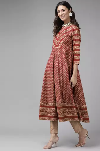 Women'S Cotton Anarkali Style Floral Printed Anarkali Kurta (Maroon)