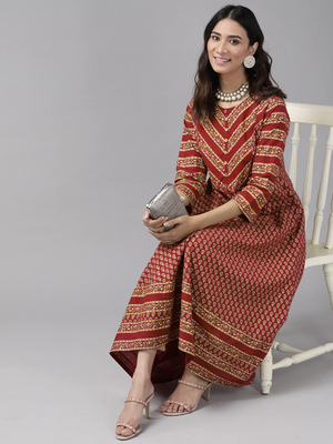 Women'S Cotton Anarkali Style Floral Printed Anarkali Kurta (Maroon) 5