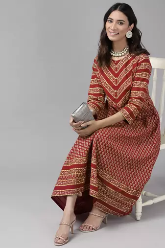 Women'S Cotton Anarkali Style Floral Printed Anarkali Kurta (Maroon)