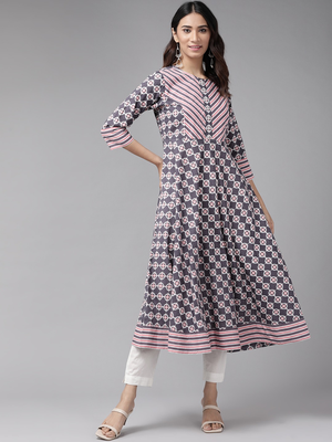 Women'S Cotton Floral Printed Anarkali Kurta (Pink) 1