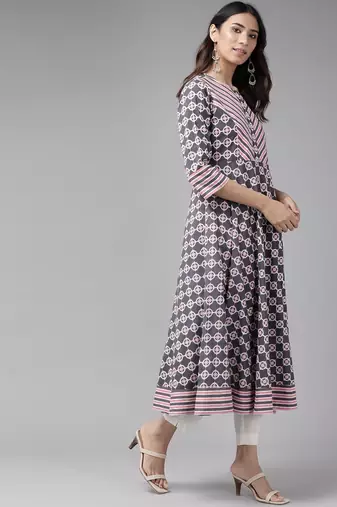 Women'S Cotton Floral Printed Anarkali Kurta (Pink)