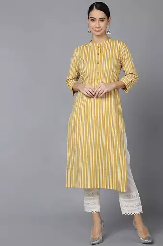 Women mustard printed cotton ethnic kurti