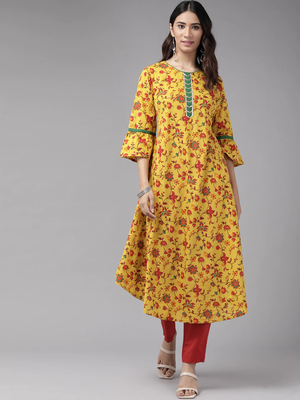 Women'S Cotton Floral Printed Anarkali Kurta (Mustard) 1