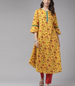 Women'S Cotton Floral Printed Anarkali Kurta (Mustard)