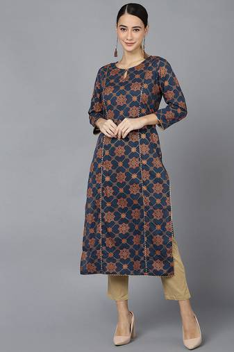 Women navy-blue printed cotton ethnic kurti