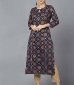 Women navy-blue printed cotton ethnic kurti