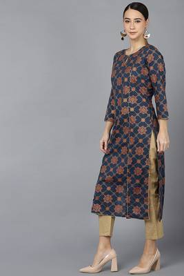 Women navy-blue printed cotton ethnic kurti 4