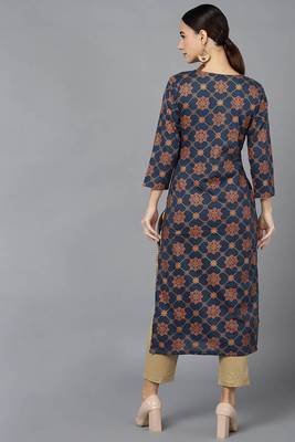 Women navy-blue printed cotton ethnic kurti 5