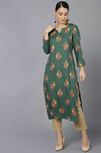 Women green printed cotton ethnic kurti