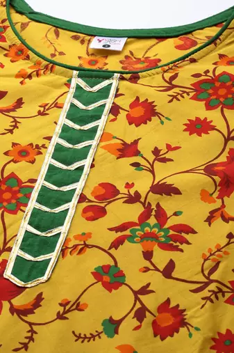 Women'S Cotton Floral Printed Anarkali Kurta (Mustard)