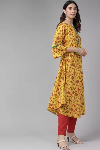 Women'S Cotton Floral Printed Anarkali Kurta (Mustard)