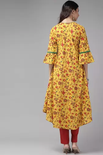 Women'S Cotton Floral Printed Anarkali Kurta (Mustard)