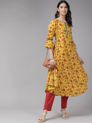Women'S Cotton Floral Printed Anarkali Kurta (Mustard) 5