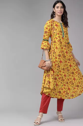 Women'S Cotton Floral Printed Anarkali Kurta (Mustard)