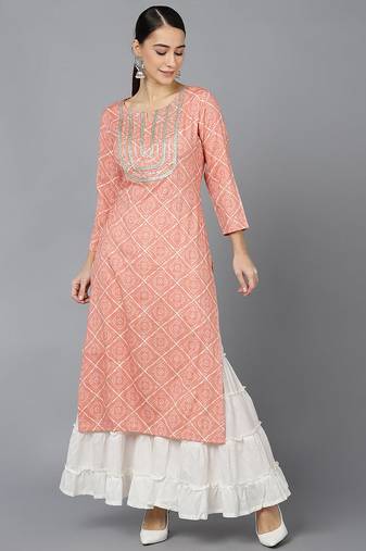 Women peach printed rayon ethnic kurti