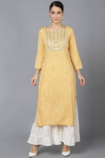 Women yellow printed rayon ethnic kurti