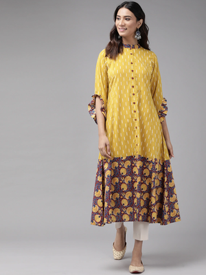 Women'S Cotton Ikat & Floral Printed Anarkali Kurta (Mustard) 1