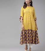 Women'S Cotton Ikat & Floral Printed Anarkali Kurta (Mustard)